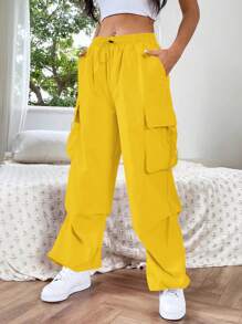 SHEIN EZwear Dopamine Pink Flap Pocket Side Drawstring Waist Cargo Pants - Yellow - View 3