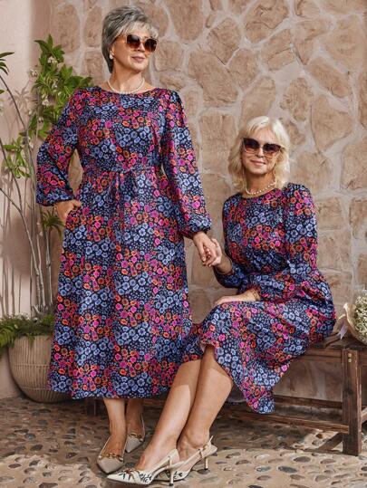 EMERY ROSE Vestido de manga larga con cuello redondo, cintura con lazo y bolsillo con estampado floral, talla grande, ropa de invierno para mujer, vestidos elegantes para mujer