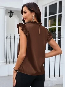 SHEIN Clasi Blusa sencilla de color liso con volantes, para uso diario - Café integral - Ver 2