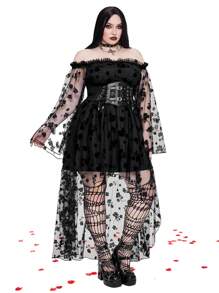 Whyspr Vestido sexy asimétrico de talla grande con diseño de nicho, color negro sólido, encaje, hombros descubiertos y bajo maxi para outfit gótico de mujer