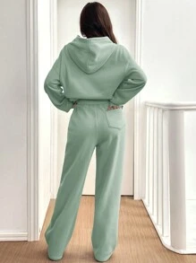 SHEIN EZwear 薄荷绿色 2 件套女士休闲保暖连帽衫和运动裤，秋冬 - 薄荷綠 - 查看 2