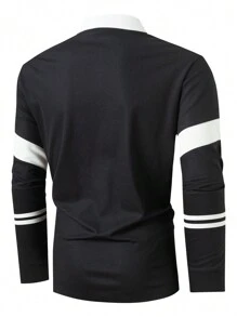 Manfinity Mode 大码男式纯色拼布前拉链长袖休闲高尔夫 Polo 衫 - 黑與白 - 查看 2