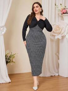 Modelyn Plus Size Mature Lady Style Patchwork Design Fitted Dress Maxi Women Outfit Long Evening Dresses - Black - View 1