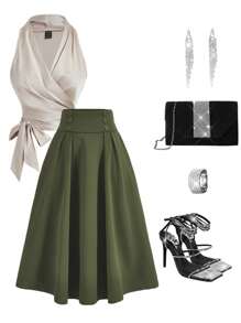 Ellevyn Women's Solid Color Pleated Button Detail Skirt - Army Green - View 2