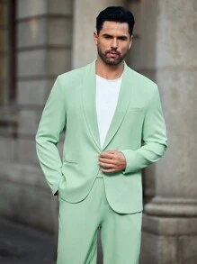 Manfinity Mode Men's Solid Color Button Front Shawl Neck Long Sleeve Casual Blazer Jacket - Green - View 6