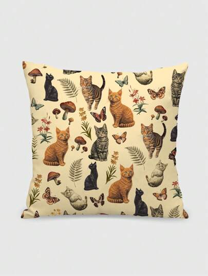 Fairycore 1pc Vintage Asymmetrical American Style Cat & Mushroom Decorative Pillow Cushion Cover For Couch/Sofa