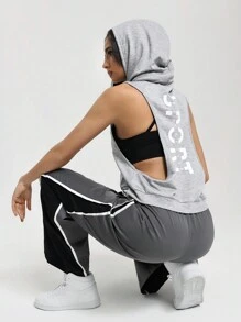 SHEIN Sports Women Letter Print Sleeveless Casual Hooded Sweatshirt For Dance & Fitness - Light Grey - View 3