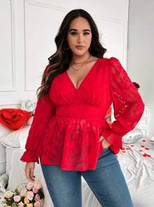 Flirla 大码女式 V 领长袖提花酒红色雪纺优雅复古衬衫，情人节 - 紅色 - 查看 7