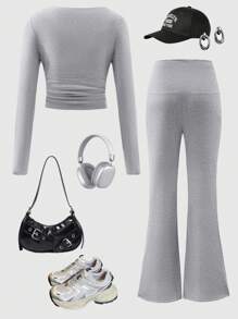 Teen Girl Elegant Light Gray High Elastic Comfortable Off-Shoulder Outfit Set, Suitable For Spring & Autumn