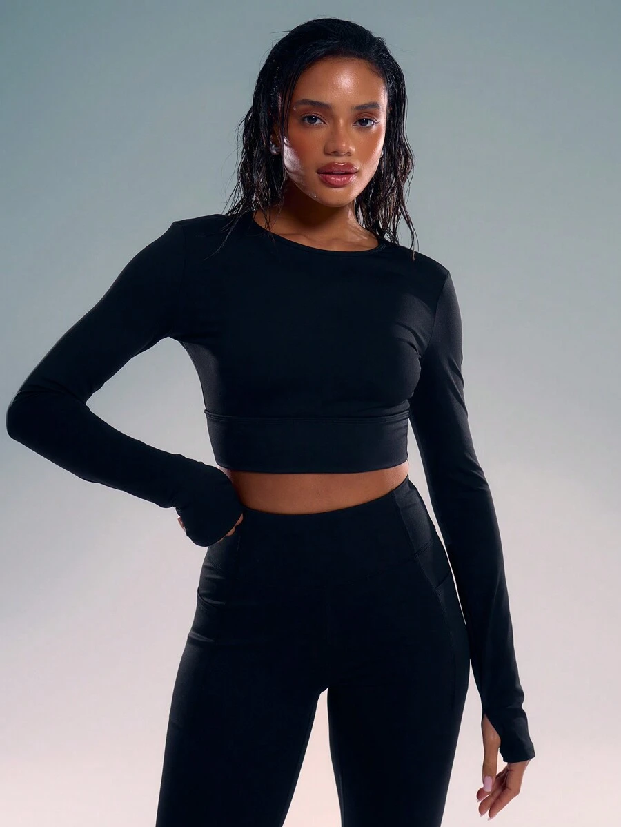 Musera Sport 长袖交叉后背拇指孔上衣 健身房健身 - 黑色 - 查看 1