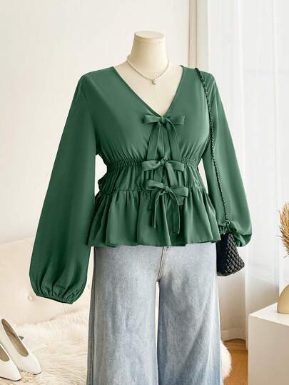 SHEIN Frenchy Plus Size Plain Front Tie Long Sleeve Ruched Minimalist Casual Shirt