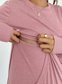 SHEIN Pregnant Women Round Neck Long Sleeve Pocket Plain Sweatshirt, Casual Daily Wear - Pink - View 7