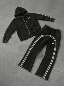 PAVTROS 男士休闲撞色条纹连帽衫和运动裤两件套，男士运动服，男士两件套服装，男士服装，运动衫和运动裤套装，男友礼物黑色两件套男士黑色运动服，秋季服装 - 黑色 - 查看 1