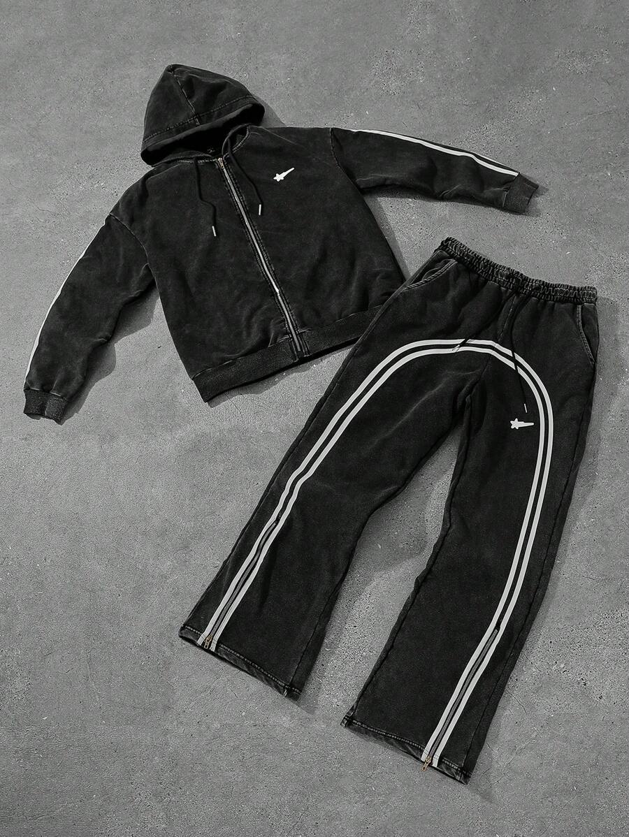 PAVTROS 男士休闲撞色条纹连帽衫和运动裤两件套，男士运动服，男士两件套服装，男士服装，运动衫和运动裤套装，男友礼物黑色两件套男士黑色运动服，秋季服装 - 黑色 - 查看 1