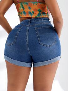 SHEIN SXY Plus Size Women's Casual Boho Denim Blue Elastic Waist Versatile Shorts - Blue - View 6
