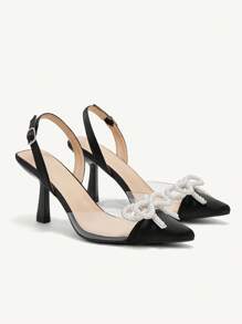 CUCCOO CHICEST Fashion Women High Heel Shoes With Faux Pearl & Bow Decor, Comfortable Versatile Lolita Style Pumps Spring Shoes Spring Break Easter Prom Heels - Black - View 2