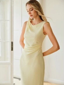 MOTF PREMIUM 纹理褶饰针织长裙 - 黃色 - 查看 2