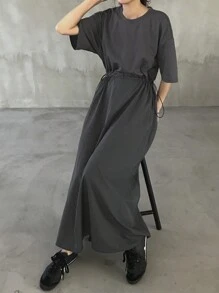 女士宽松腰部拼接长款休闲连衣裙，灰色，夏季吊带连衣裙 - 灰色 - 查看 6