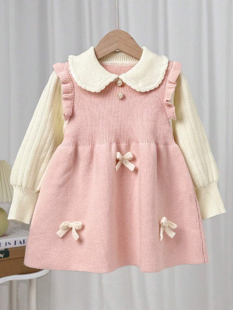 SHEIN Vestido de suéter de punto con cuello de volantes de lazo y contraste de color, informal y cómodo para niñas jóvenes