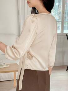 DAZY Elegant French Style V-Neck Satin Long Sleeve Tie-Waist Blouse For Women
