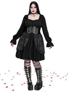 Whyspr Goth Punk Plus Size Romantic Waist-Cinching Solid Color Long Sleeve Dress Goth Women Outfit Fall Cloth For Women - Black - View 3