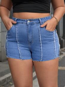 SHEIN Essnce Plus Size Women Pocket Fringe Hem Casual Versatile Denim Shorts - Blue - View 2