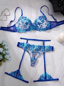 Esselle 3pcs Sexy Lingerie Set For Women, Light Purple For Going Out - Blue - View 5