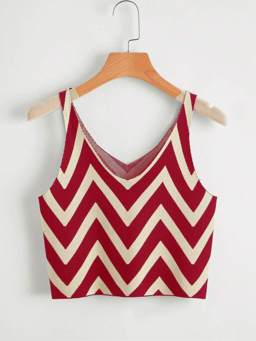 SHEIN EZwear 女士 V 领无袖条纹休闲针织上衣 - 紅色 - 查看 1