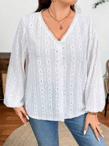 SHEIN LUNE 女士加大码 V 领蕾丝镂空纹理休闲衬衫