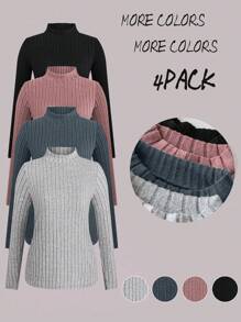 4pcs/Set Plus Size Women's Autumn Winter Ribbed Texture Stand Collar Fitted Casual Basic T-Shirt Tops Set Fall Cloth For Women