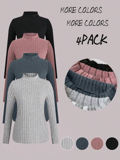 4pcs/Set Plus Size Women's Autumn Winter Ribbed Texture Stand Collar Fitted Casual Basic T-Shirt Tops Set Fall Cloth For Women