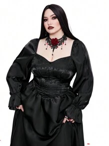 Flirla 大码浪漫纯色腰部合身长袖连衣裙哥特女装 - 黑色 - 查看 1