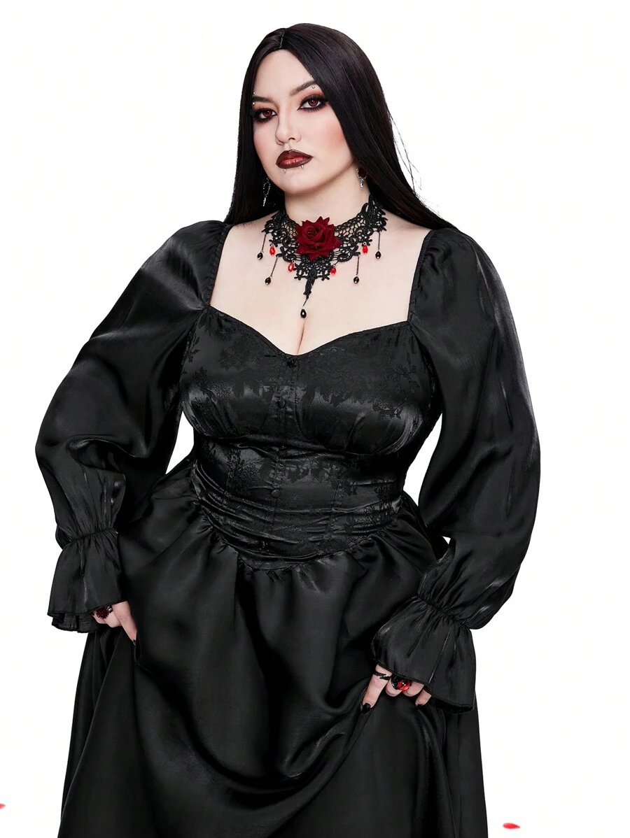 Flirla 大码浪漫纯色腰部合身长袖连衣裙哥特女装 - 黑色 - 查看 1