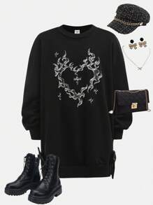 SHEIN Sweat-shirt-shirt décontracté et ample pour préadolescentes avec imprimé lettrage et nœud décoratif - Noir - Voir 1