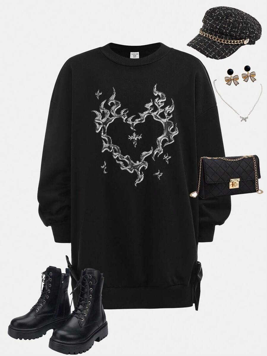 SHEIN Sweat-shirt-shirt décontracté et ample pour préadolescentes avec imprimé lettrage et nœud décoratif - Noir - Voir 1