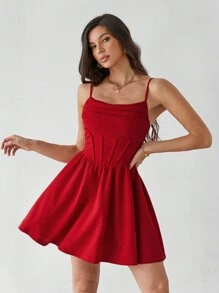 SHEIN Tall 节日气氛新款纯色褶皱扇形 A 字下摆红色连衣裙