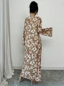 Al Najma 简约全印花圆领长袖长款阿巴亚套装，朴素的卡夫坦