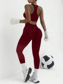 Easithlete Easithlete 女士运动套装 - 吊带背心和高腰裤健身套装 农历新年健身女士套装 女士紧身裤套装 - 玫瑰紅 - 查看 5
