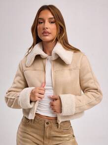 Forever 21 Women's Autumn/Winter Contrast Color Faux Shearling Collar Zipper Front Casual Jacket - Apricot - View 3