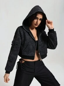 Easithlete Chaqueta deportiva con forro térmico, cierre de cremallera y capucha, de manga larga, en color gris jaspeado para mujer - Gris Oscuro - Ver 4