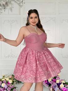 Lyrianda Plus Size Women Vintage French Peplum Princess Dress, Cinched Waist Spaghetti Strap Romantic Cute Party Mini Dress With Valentines, Rose, Heart, Polka Dot, Love, Lip, Cupid, 260D Flower Print