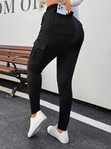 SHEIN EZwear Plus Size Women Waistband Pocket Skinny Black Leggings, Casual