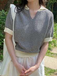 DAZY 女士条纹翻领撞色针织毛衣 - 黑與白 - 查看 1