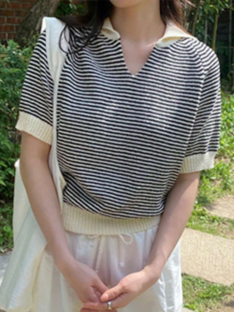 Women Striped Turndown Collar Contrast Color Knitted Sweater
