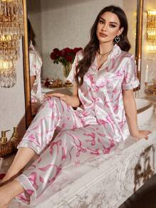 LuxeNights 2pcs Bow Print Faux Silk Notch Collar Short Sleeve Pajama Set Bowknot - White - View 1