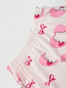 Young Girl Bow Print Crew Neck Long Sleeve Pajama Set: Top And Bottoms