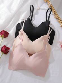 SHEIN 少女甜美简约可调节肩带加垫蕾丝无缝工字背文胸套装 3 件套 - 彩色 - 查看 3