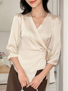 DAZY Elegant French Style V-Neck Satin Long Sleeve Tie-Waist Blouse For Women