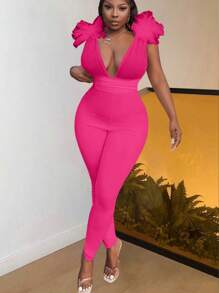 Slaydiva 2024 New Sexy Elegant White Sleeveless Mesh Splicing Exaggerated Shoulder Bandage Bodycon Jumpsuit, Perfect For Date & Holiday