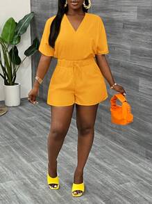 Slaydiva Casual V Neck Bat Sleeve Short Sleeve Shorts Yellow Women's Jumpsuit-C - Yellow - View 5